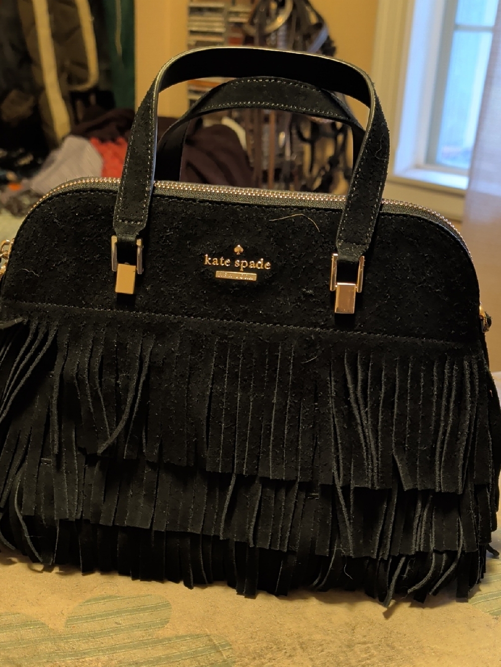 kate spade Black Suede Fringe Satchel with Gold Hardware